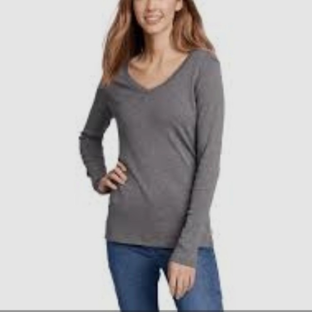 Eddie Bauer Womens Gray Ribbed Knit V-Neck Long Sleeve Thermal Top Size M